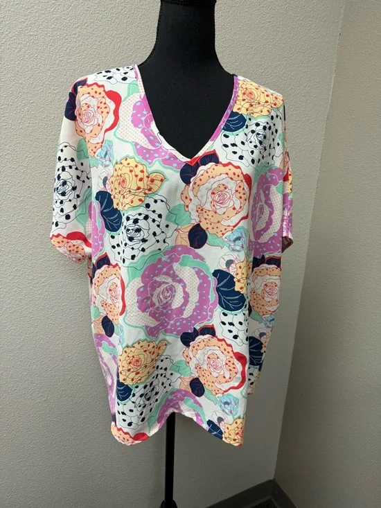 Entro Floral Blouse V Neck Boho Top Pink Blue Cream Large Spring Summer Chic - Picture 2 of 9